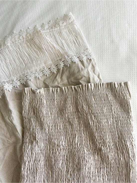 Vintage Dresses & Skirts - Vintage 100% Linen Beige Textured & Lace Trim Midi Dress - Neutral Beige